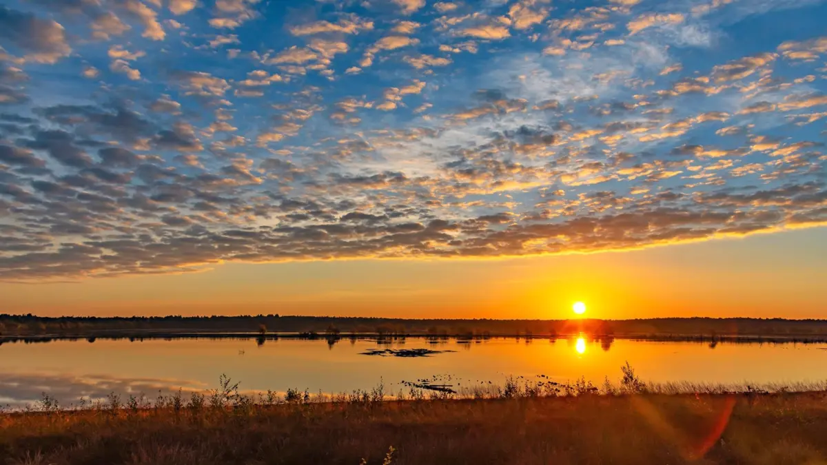Sonnenaufgang über den Wasserflächen des Tister Bauernmoores